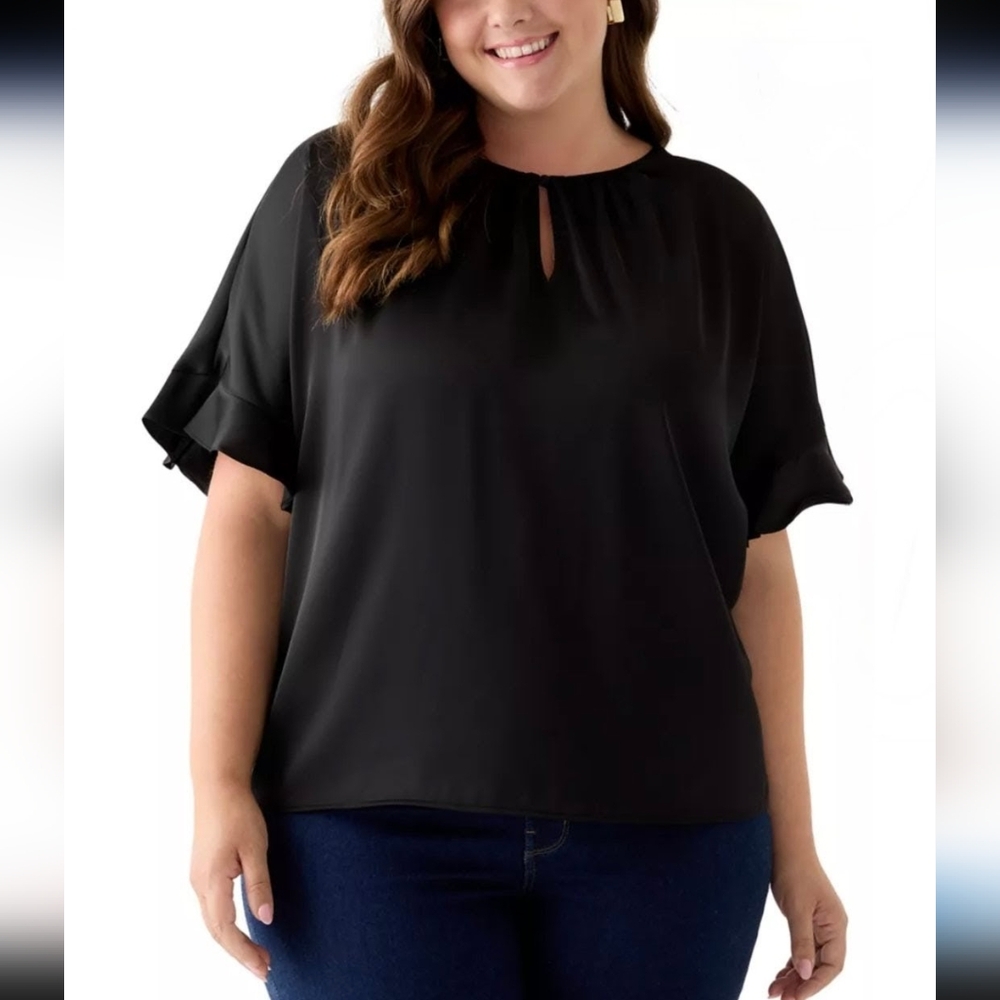 CeCe Plus Size S/S Keyhole Neck Black Satin Blouse w Flutter Sleeves NWT Size 3X